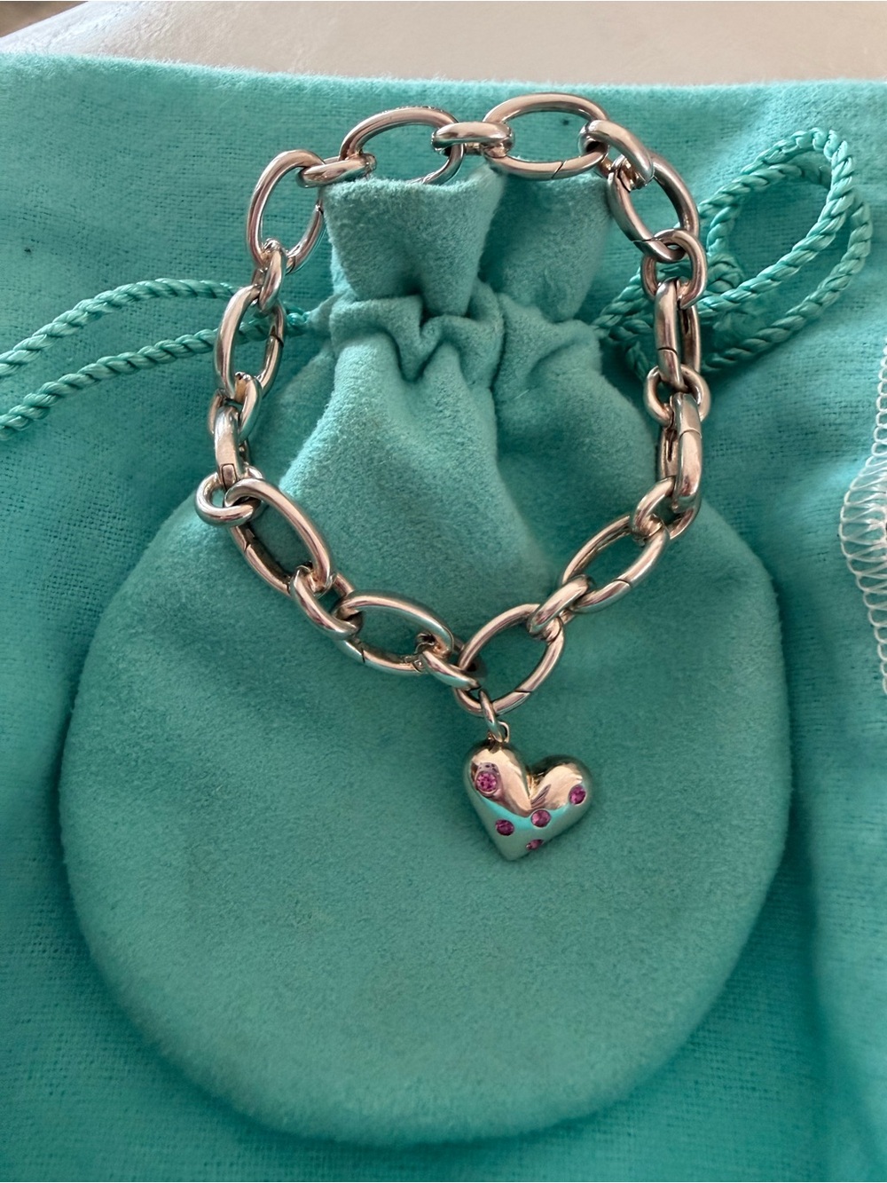 Tiffany & Co clasping link bracelet with sapphire heart etoile charm